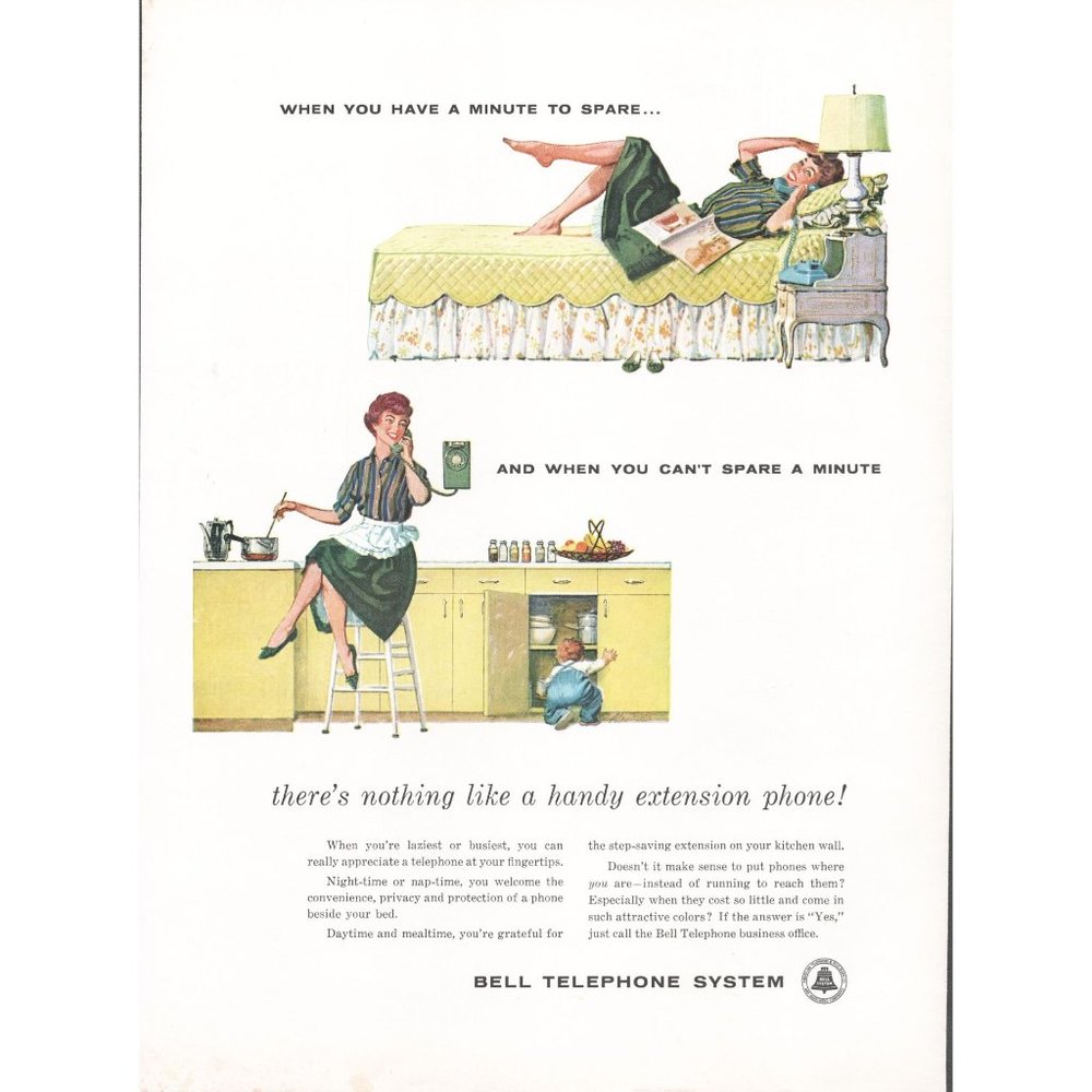 1960 Bell Telephone Extension Line Vintage Print Ad Housewife Yellow MCM Cabinet